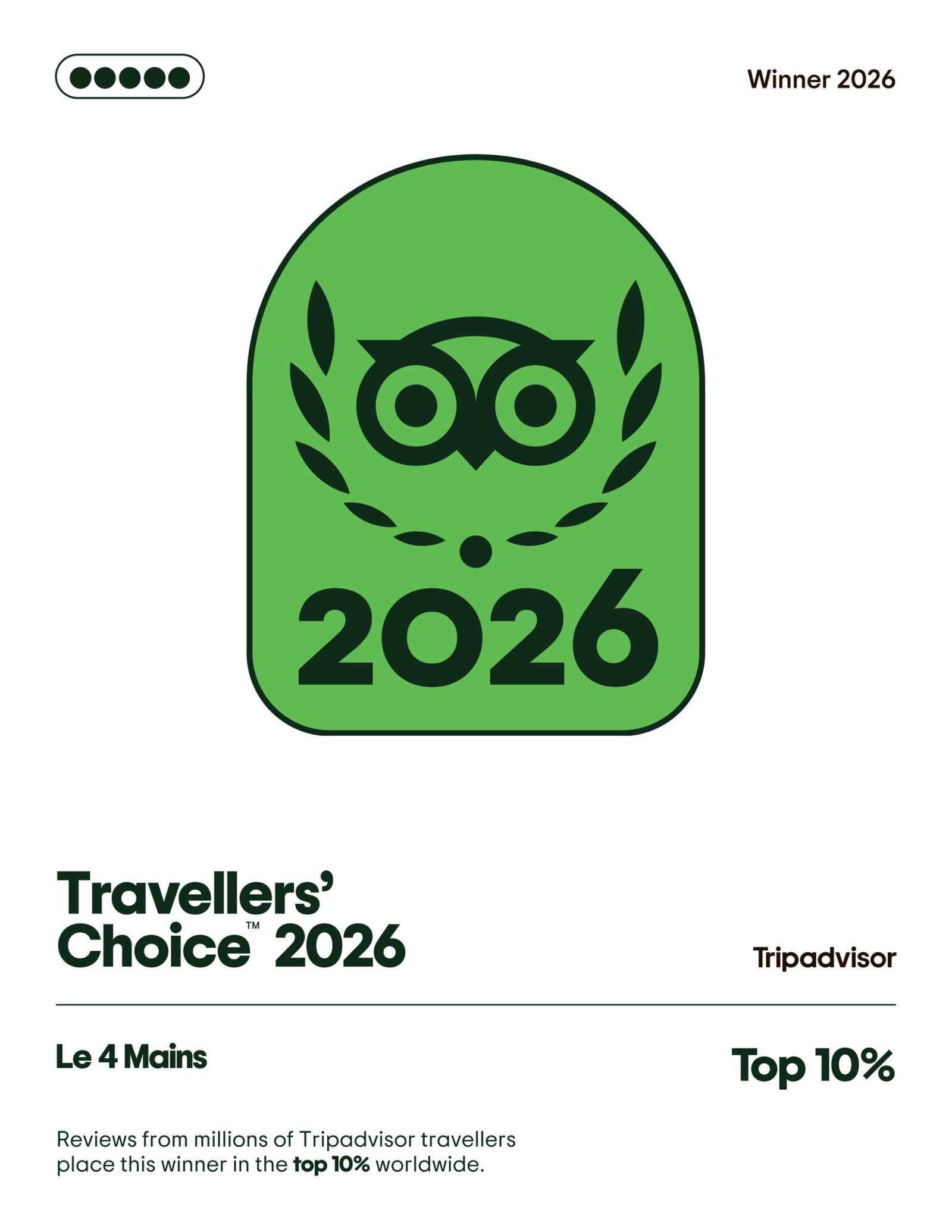 Green rounded award badge reading 'Winner 2026' with laurel design and '2026' text, representing TripAdvisor Travellers' Choice 2026.