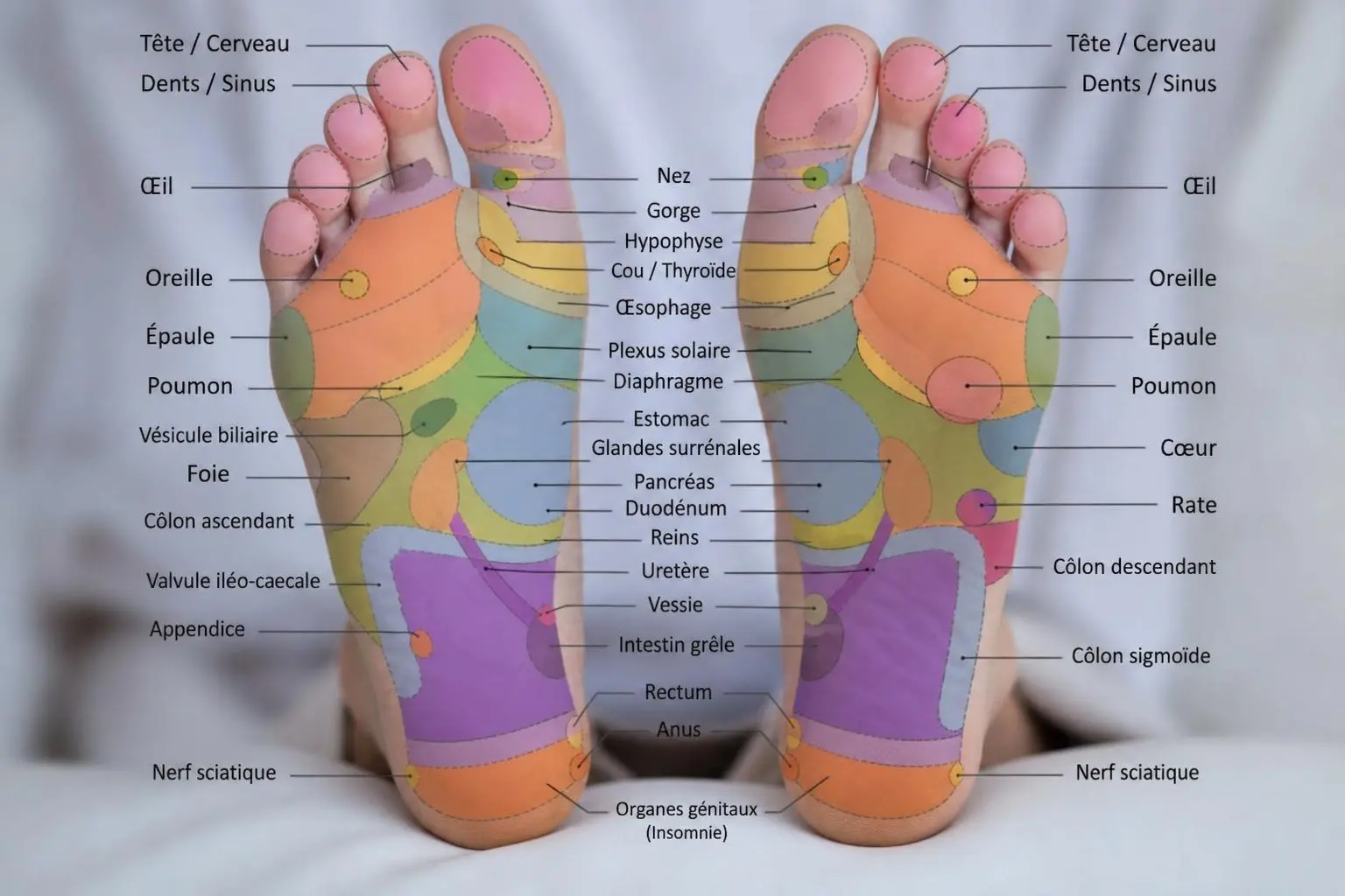 Schéma coloré des pieds montrant les zones réflexes en réflexologie plantaire et leurs étiquettes anatomiques.