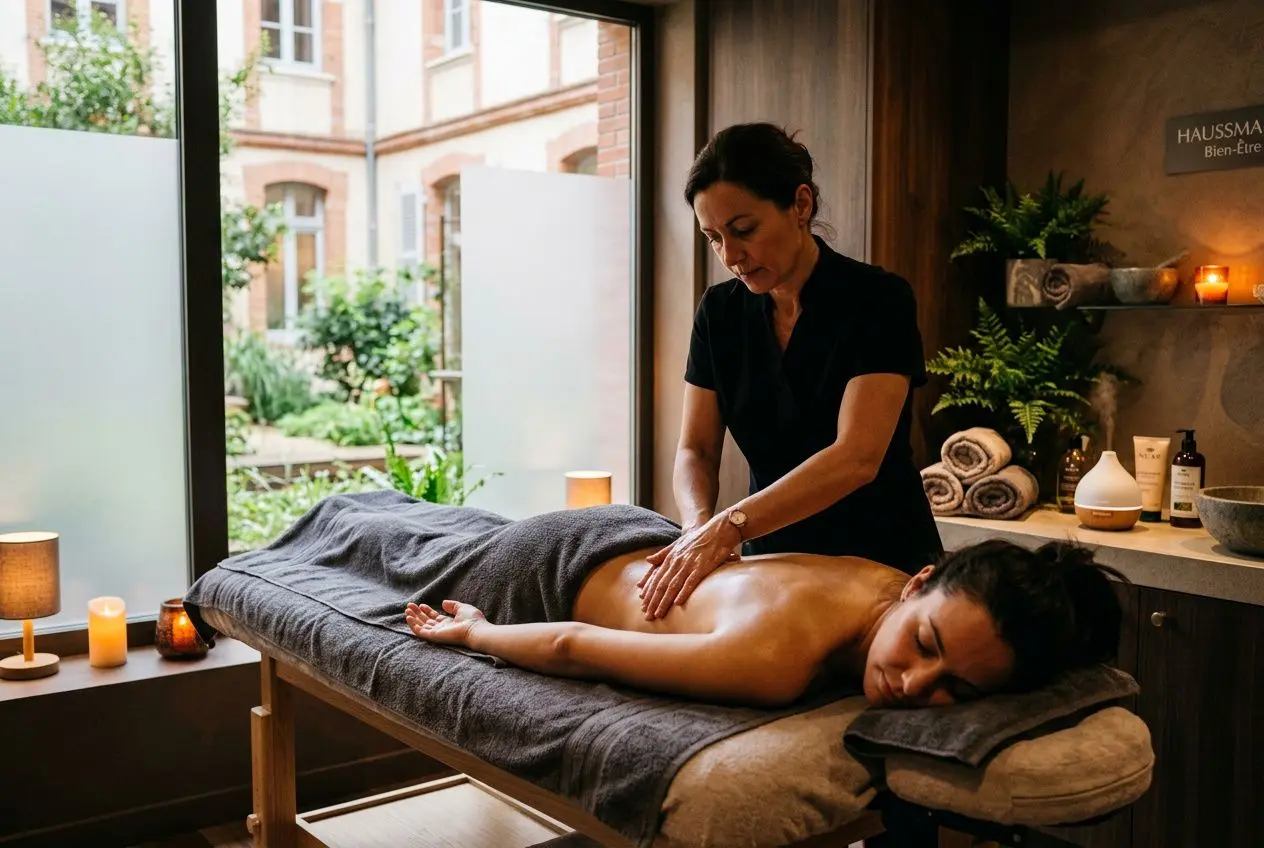 Séance de massage spa bien être toulouse avec une praticienne massant le dos d’une cliente sur une table, ambiance zen et lumière chaude.