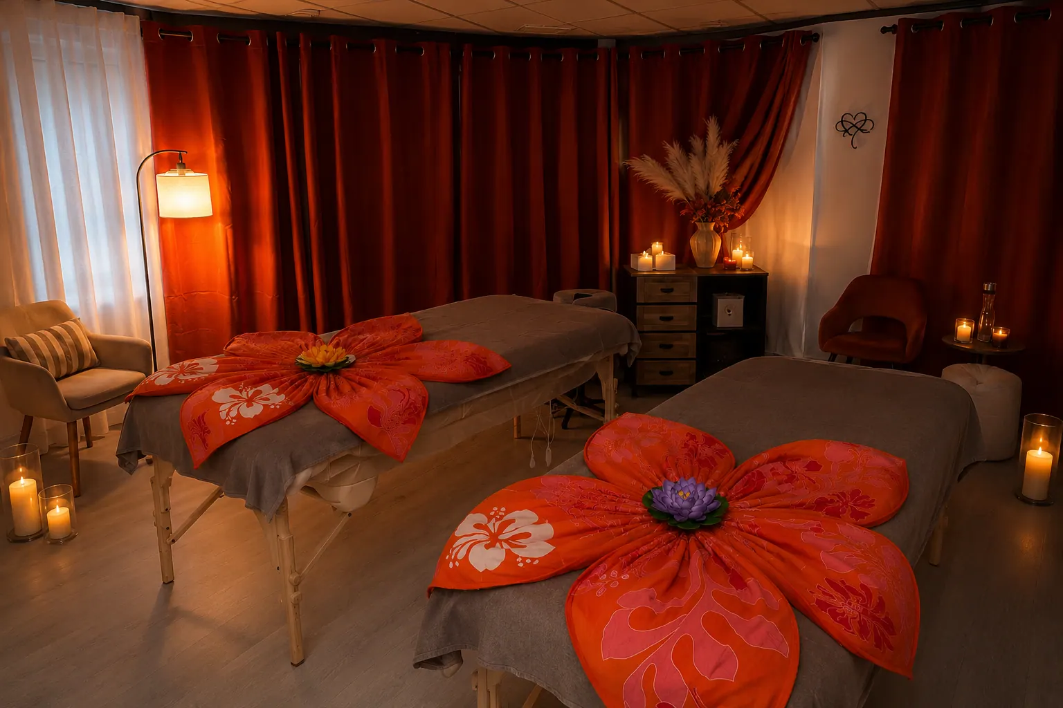 Une cabine duo du salon, deux tables côte à côte