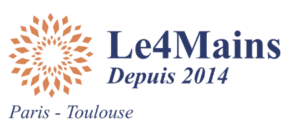 Le4Mains logo: orange sunburst motif with blue text 'Le4Mains' and 'Depuis 2014', plus 'Paris - Toulouse'