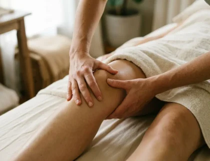 Massage des genoux et cuisses en séance, mains expertes exerçant une pression pour détendre les articulations. Bienfait massage articulations.
