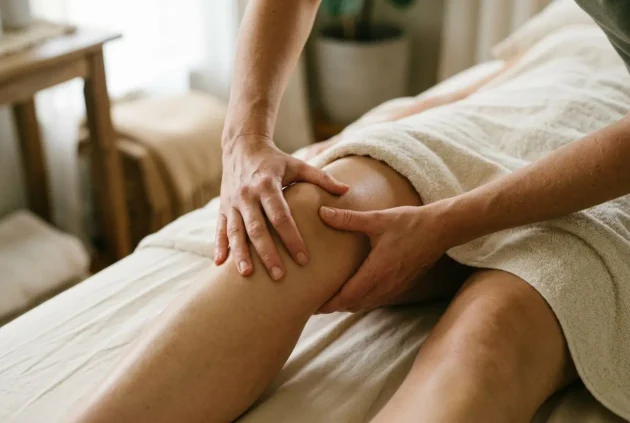 Massage des genoux et cuisses en séance, mains expertes exerçant une pression pour détendre les articulations. Bienfait massage articulations.