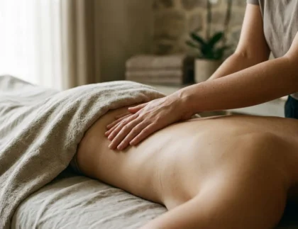 Personne recevant un massage sur le dos, plan large avec gestes de toucher thérapeutique et séance de bien-être, illustrant le bienfait du toucher massage.