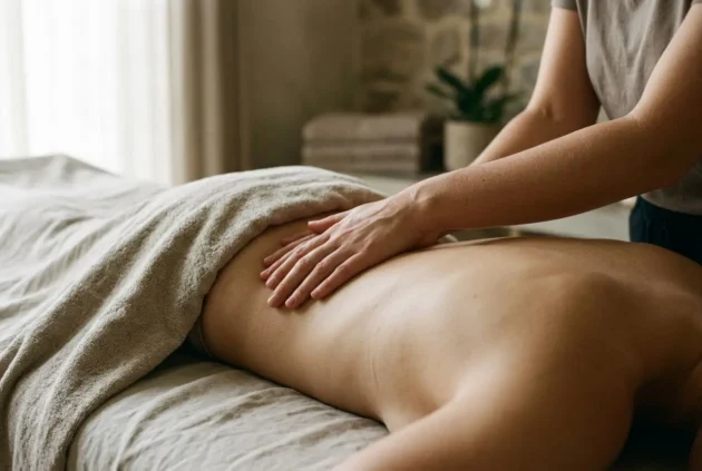 Personne recevant un massage sur le dos, plan large avec gestes de toucher thérapeutique et séance de bien-être, illustrant le bienfait du toucher massage.